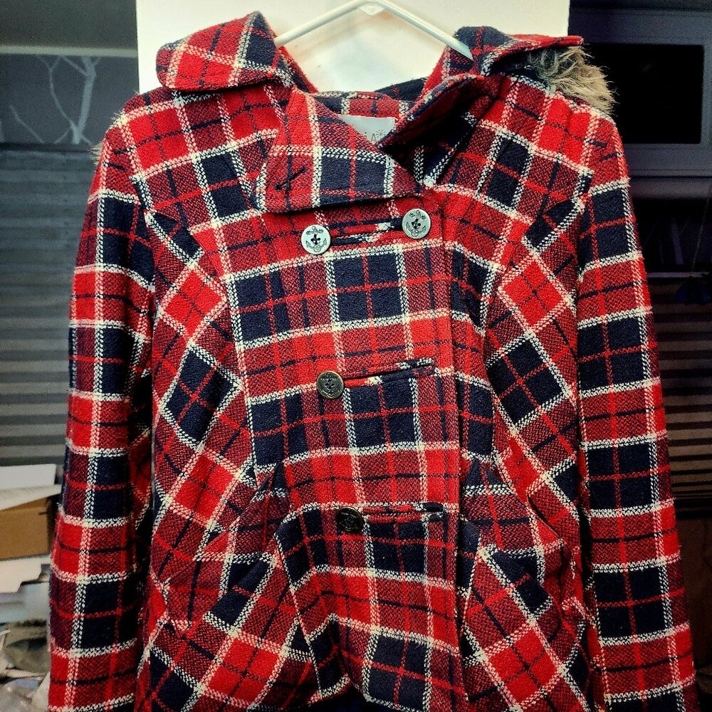 Red & Navy Blue Checkered Peacoat